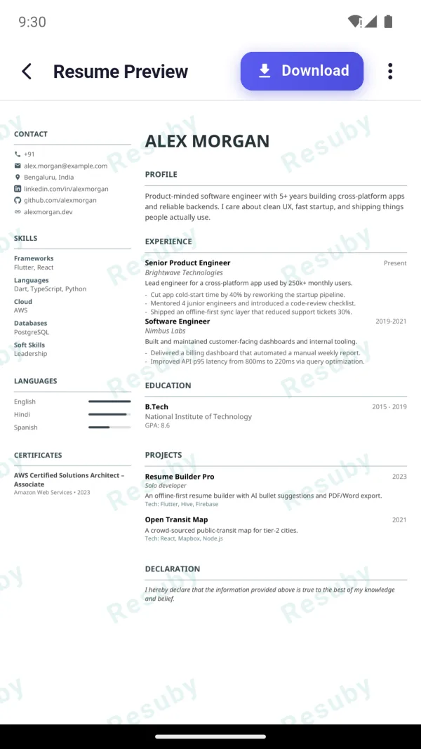 Resuby app — live resume preview with PDF export